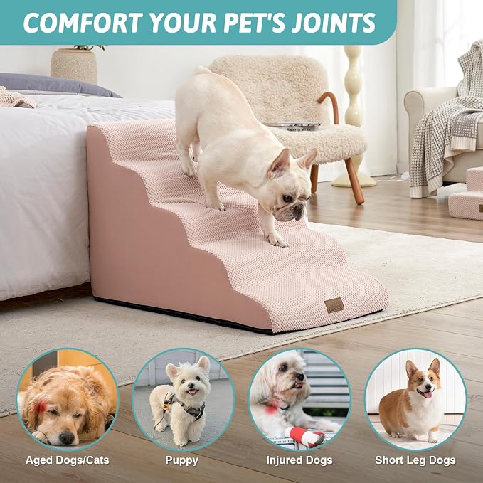 COZY KISS Wide Dog Stairs 19.7" Width, Pet Step for Small/Medium/Large Dog, Puppy or Cat, Pet Ramp for High Bed or Car, High Density Foam Ladder, 19.7x33x22.4 in, Stable, 5 Step, Pink