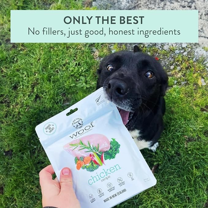 The New Zealand Natural Pet Food Co. Woof Freeze Dried Dog Food - Chicken Recipe, High Protein, Dog Food Topper & Dog Treats, All Life Stages, 1.76 oz