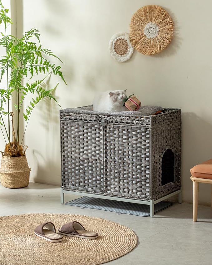 SETVSON Cat Litter Box Enclosure Furniture, Hidden Handwoven Rattan Litter Box with Mat, Large Cat House with Metal Heightened Feet, 30.3 x 18.3 x 28 Inches, Indoor for Living Room, Bedroom Gray