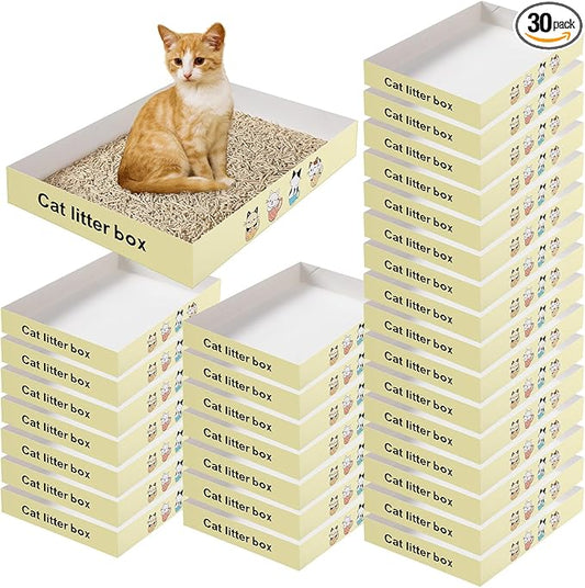 Roshtia 30 Pcs Disposable Cat Litter Box Foldable Paper Kitty Tray 13.8 x 10 x 2 Inch Portable Kitten Pan Low Entry Lightweight Cardboard(Cat Litter Box,Beige)