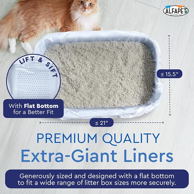 Alfapet Self Sifting Cat Litter Box Liners, Set of 21, Flat Base, XL Design, With Inbuilt Drawstrings, Fits Large Trays, Reinforced, 36 in x 18 in