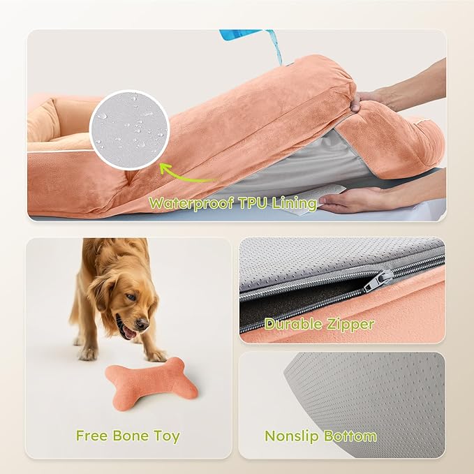 CWAWZ XXL Dog Bed for Extra Large Dogs, Giant Orthopedic Dog Bed with Cooling Gel Memory Foam, Waterproof Pet Bed with Removable Washable Cover, 53" Pet Sofa bed Dutch Velvet with Bone Toy, Peach Pink