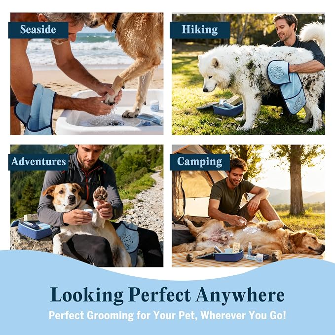 FlyDog The Rover Pet Travel Bag - 11 Piece Dog Grooming Kit with Shampoo, Conditioner, Paw Cream, Toothpaste & Toothbrush, and More, Dog Camping Essentials for Hiking and Outdoor Adventures