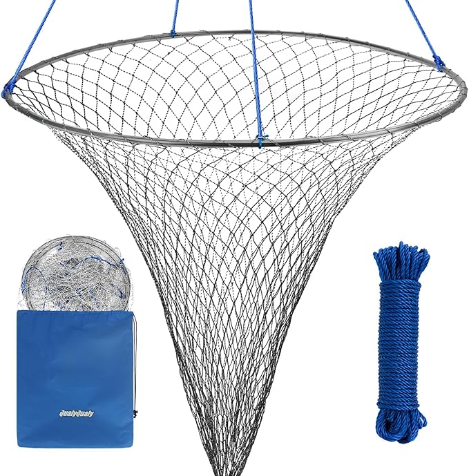 QualyQualy Large Bridge and Pier Fishing Net 32''/39'' Hoop, Foldable Drop Net Pier Fishing for Saltwater with Rope, Landing Net with Nylon Mesh, Collapsible Soft Steel Ring
