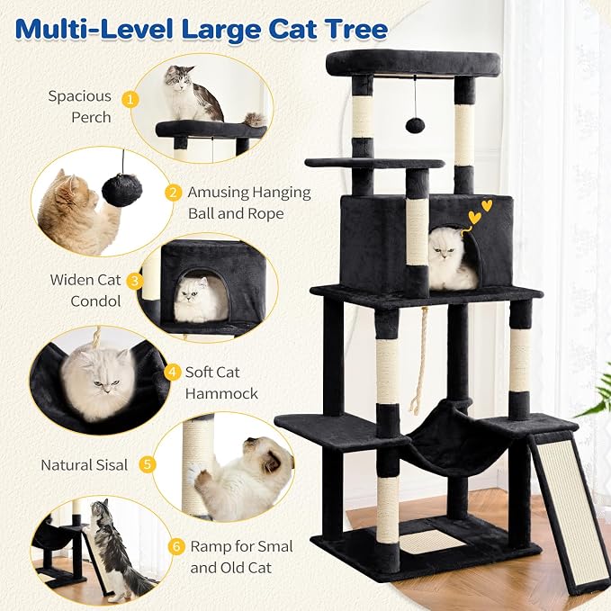 ABCPET Cat Tree Tower 63in Multi-Level Cat Tower for Indoor Cats with Sisal Scratching Posts, Condo, Hammock, Dangling Ball and Extended Platform for Cats to Play, Black