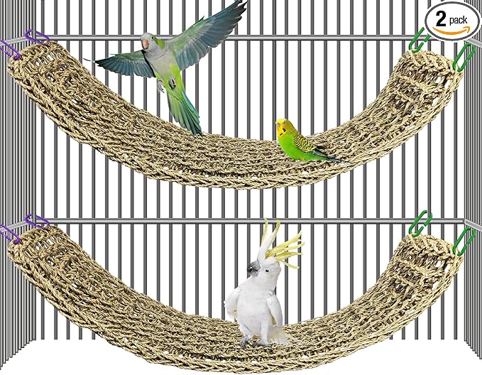 2Pcs Bird Seagrass Mat 30 × 7" Natural Grass Woven Net Hammock with Hooks Climbing Rope Ladder Chew Toys Hanging on Parrot Cage for Lovebird Pigeon Cockatiel Conure Budgie Cockatoo