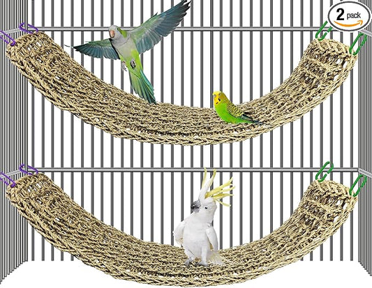 2Pcs Bird Seagrass Mat 30 × 7" Natural Grass Woven Net Hammock with Hooks Climbing Rope Ladder Chew Toys Hanging on Parrot Cage for Lovebird Pigeon Cockatiel Conure Budgie Cockatoo