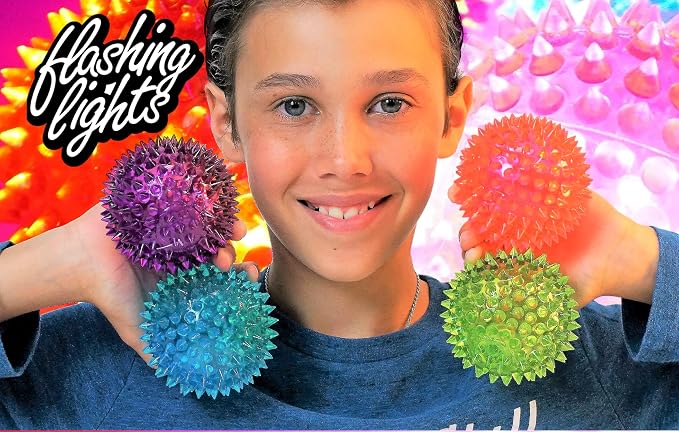 JA-RU Light Up Ball (4 Balls) Rubber Spiky Balls for Kids. Stress Relief Toy Autism Sensory Products. Dog Chew Toy Bulk Birthday Party Favors, Goodie Bag Stuffers. 699-4s