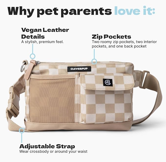 Cleverpup Walk & Train 2-in-1 Dog Walking Bag - Hands-Free Training Crossbody Sling & Fanny Pack with Treat Pouch, Poop Bag Holder, Phone Pockets - Adjustable Waist or Shoulder Strap - Checkerboard