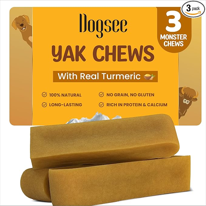 Dogsee Himalayan Yak Chews with Turmeric/Curcumin (Monster/XL- 3 Chews), 60% Protein Yak Chews for Large Dogs, Dog Treats, Helps Joint Pain, Rawhide-Free, Long Lasting for Dogs Over 55 lbs