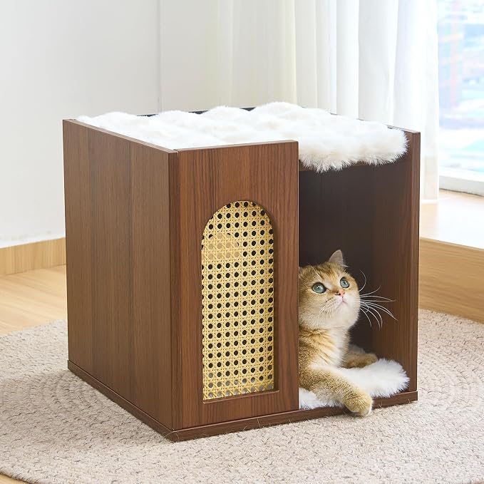 2-Tier Wooden Indoor Cat House for Large Cats, Sturdy & Durable Semi-Enclosed Cat Bed Condo with Removable Washable Plush Cushion, Multi-Functional Cat Furniture, Easy Video Assembly