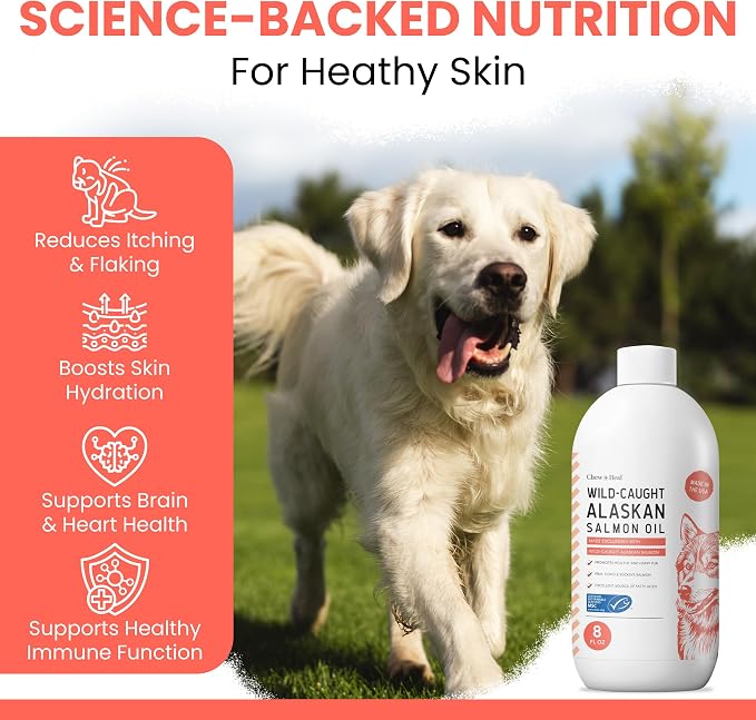 Wild Alaskan Salmon Oil for Dogs & Cats 16 oz - Omega 3 Dog Fish Oil, EPA DHA for Skin & Coat, Itch Relief, Joint and Heart Health - MSC Certified, Made in USA, Pump Bottle - Chew + Heal