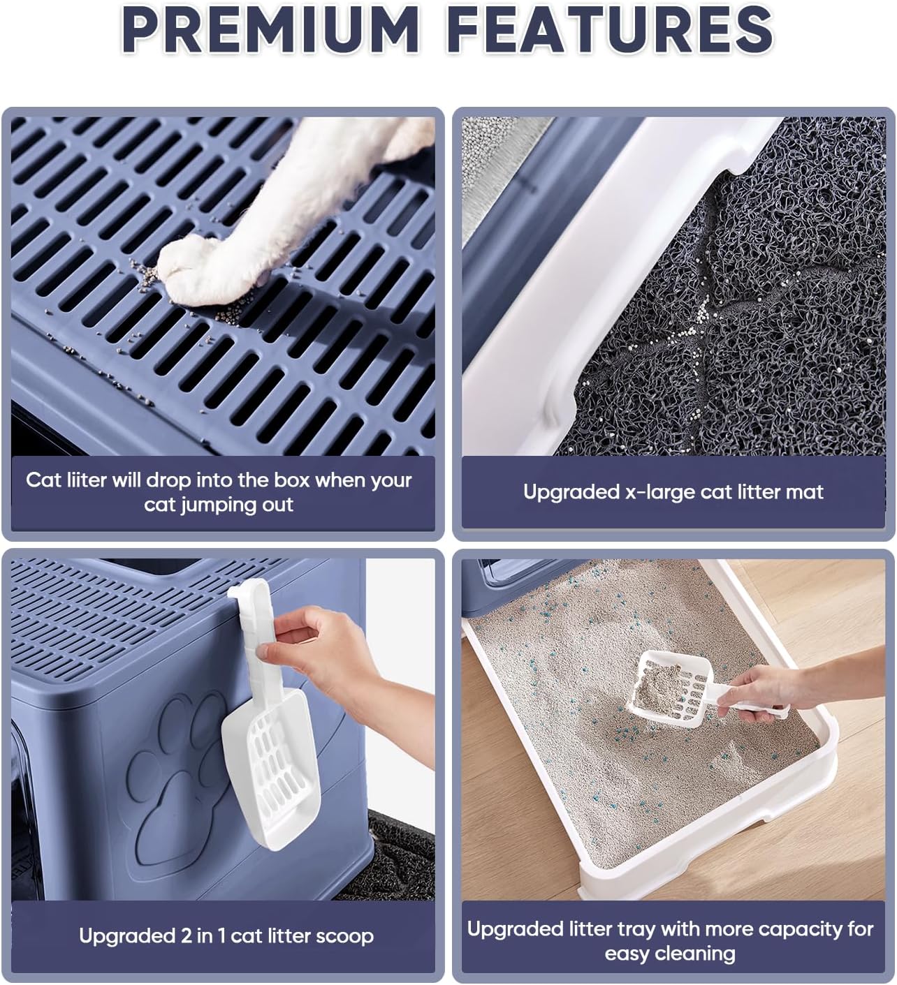 Cat Litter Box with X-Large Litter Mat and Scoop, Large Foldable Litter Box with Lid, Enclosed Kitty Box,Front Top Entry Exit, Odor Control Easy to Clean (Upgrade Midnight)