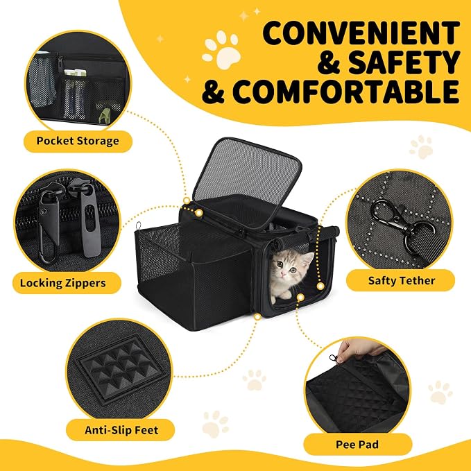 Apollo Walker Cat Carrier Airline Approved, Expandable Travel Pet Carrier with Locking Zippers, Soft-Sided for Small Medium Pets, Foldable Portable Pet Travel Bag (Black)
