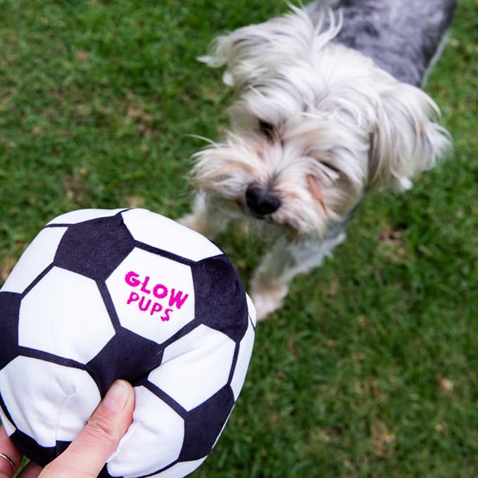 Glow Pups Plush Soccer Ball Dog Toy with Squeaker, Black and White