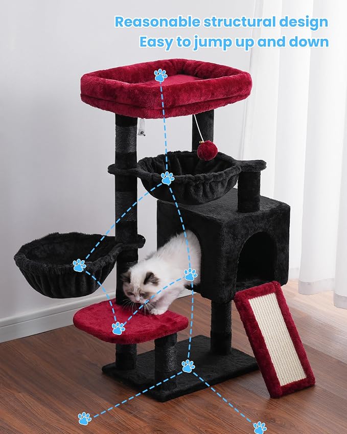 Hey-brother Gothic Cat Tree, Cat Tower for Indoor Cats, Cat House with Large Padded Bed, Cozy Condo, Hammocks, Sisal Scratching Posts, Big Scratcher, Black and Red MPJ006SBR