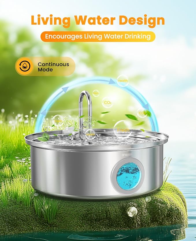 Oneisall Dog Water Fountain PWF002 | 7L/230oz Contain 5 Set Filters,25dB Quiet,Stainless Steel,Visual Water,5-Layer Filtration