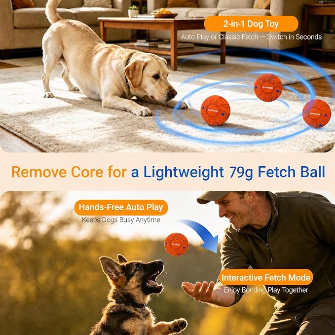 Interactive Dog Ball Toy for Medium Large Dogs – Smart Automatic Moving Rolling & Bouncing Ball, Durable Chew Resistant E-TPU, USB Type-C Rechargeable, Waterproof Active Dog Toy Keeps Dogs