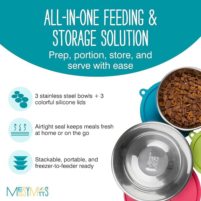 Messy Mutts 6-Piece Set | Three Stainless Steel Bowls and Three Colorful Silicone Lids | Sealable Travel Containers | Portable Food/Water Dishes for Pets | Medium, 1.5 Cups