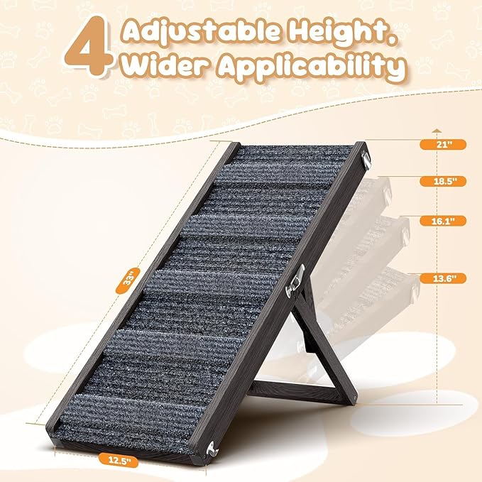 Pawaboo Foldable Dog Ramp, Small Dog Ramp for Couch, 4 Adjustable Height from 13'' to 21", Stable Pet Steps with Non-Slip Pad, Portable Pet Ramps Use for Couch Sofa Stairs, Black