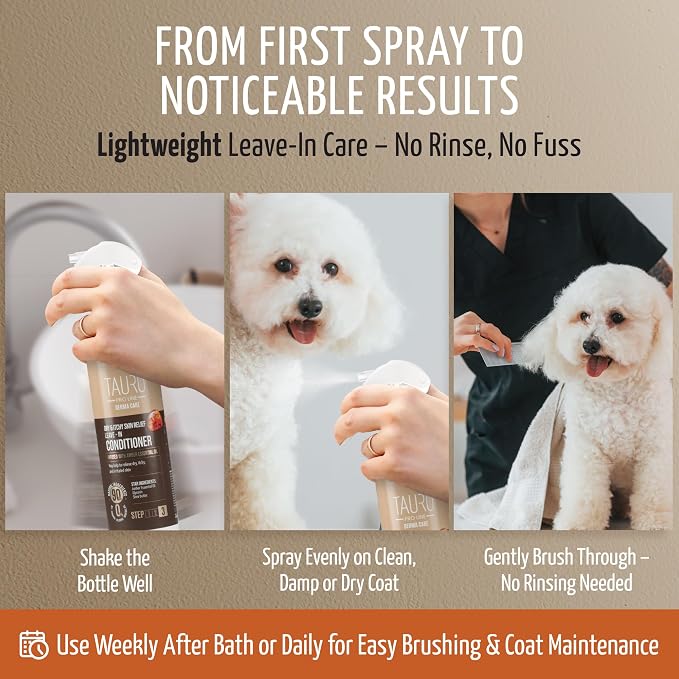 Tauro Pro Line Dog Conditioner Spray for Itchy Skin - Soothes Dry, Sensitive Skin, Calms Itching from Allergies, Dandruff - Leave in Pet Conditioner for Dogs, Cat & Puppy (Derma Care 8.5 Fl Oz)