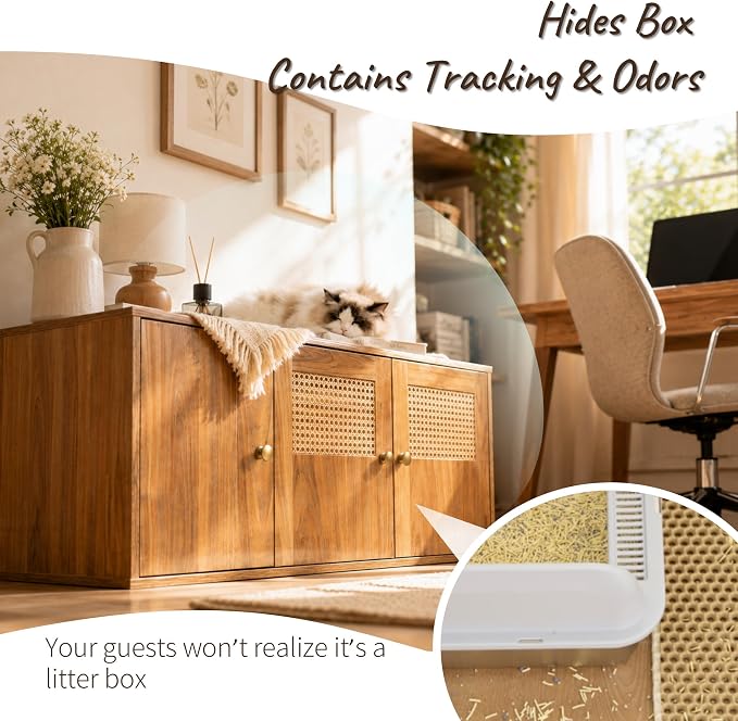 Cat Litter Box Enclosure Furniture with Storage, Hidden Litter Box Cabinet 42.5"L x 18.5"W x 16.9"H, Double as Cat House TV Stand End Table for Living Room, Midcentury Modern Style (Oak, Rattan Doors)