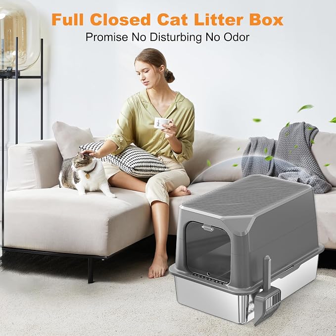 Extra Large Stainless Steel Cat Litter Box Enclosed with Lid - 23.6" x 15.7" x 16.5" Metal Cat Litter Box XXL, Front Entry High Side Kitty Litterbox with Scoop & Mat, Anti Leakage, No Sticky