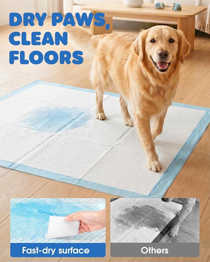 Powools Puppy Pads - XL 34'' x 28'' Dog Training Pads with Fast Absorb Core & Leak-Proof Backing, Quick-Dry Dog Pee Pads for Home, Travel & Crates, 60 Count