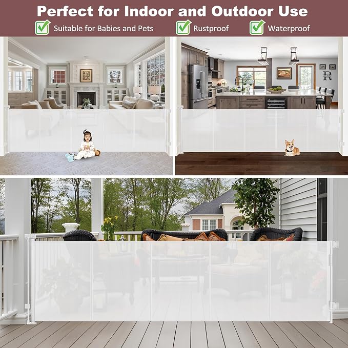 Reinforced 41" Extra Tall Retractable Baby Gates Extra Wide 120" Retractable Dog Gate with Support Rods, Indoor Mesh Baby Gate Retractable Gate Outdoor Extra Tall Dog Gate for Large Openings, White