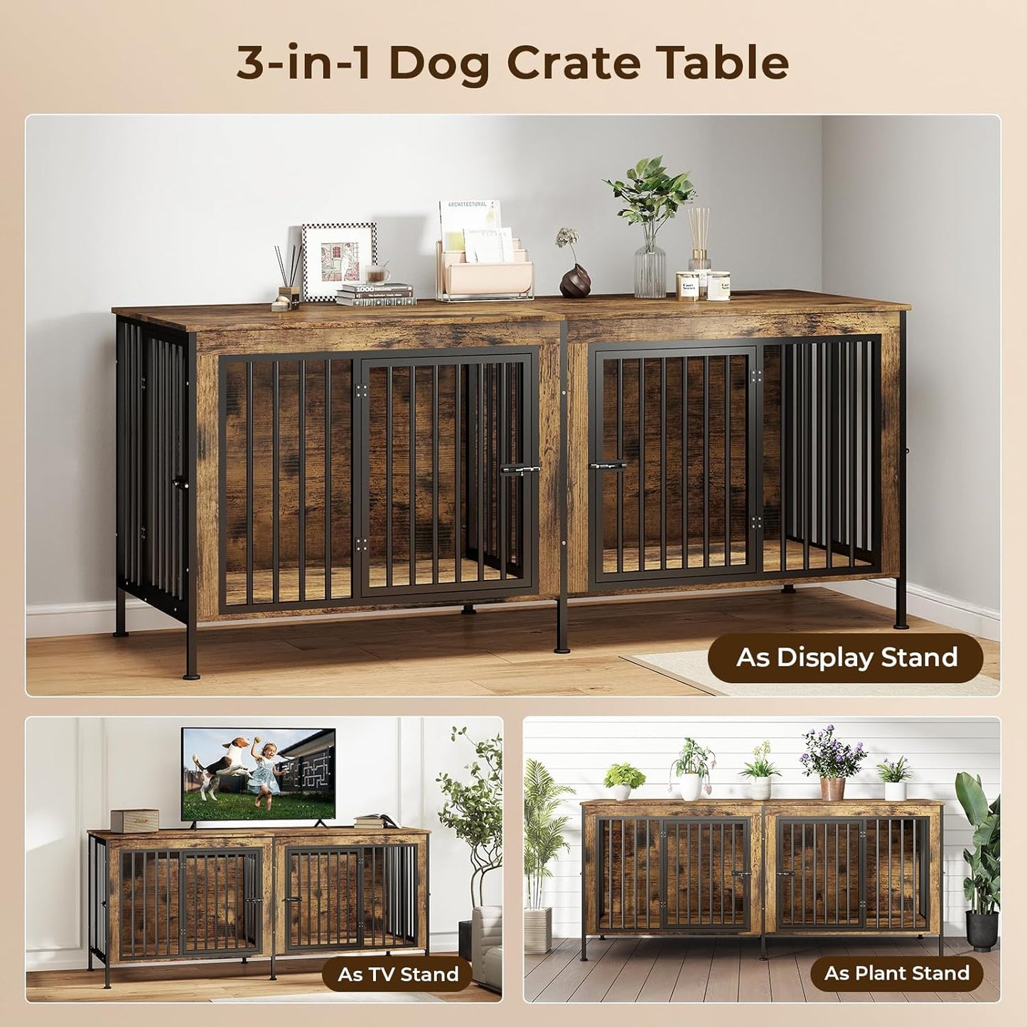 63 in Dog Crate Furniture for 2 Large/Medium Dogs with Removable Divider, Extra Large Double Doors Dog Kennel, XXL Thick Wooden Dog Cage Furniture,Sturdy and Durable, Brown