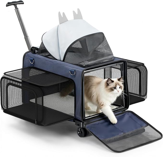 3-Sided Expandable Pet Cat Carrier with Wheels & Hammock, 24-Inch Soft-Sided Portable Rolling Pet Carrier for Large Cats, Medium & Small Dogs, Detachable for Travel, Camping, Outdoor Walks