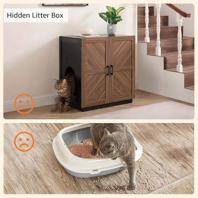 unipaws Cat Litter Box Enclosure Furniture with Storage Shelf, Tall Hidden Litter Box Cover for Tall or Top Entry Litter Box, Kitty Enclosed Cabinet, Cat Box with Odor Control, Walnut and Black