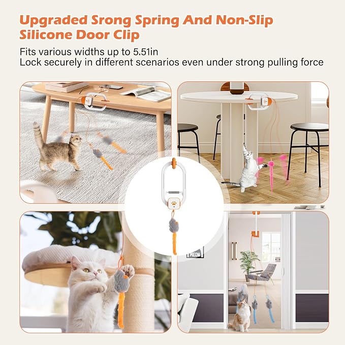 Rechargeable Electric Cat Teaser – Interactive Door Clip Teaser for Cats, 2 Motion Modes (360° Spin & Irregular Jumping), Smart Auto Cat Toy for Exercise & Fun (Orange)