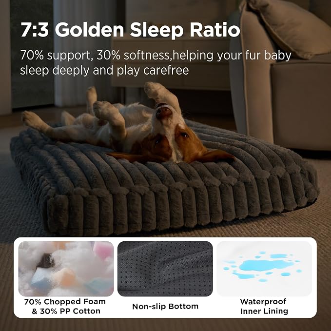 Bedsure ComfyFleece™ Plush Dog Beds Large Sized Dog, Dog Crate Bed for Balanced Support, Cute Chopped Foam Dog Pillow Pad with Removable Washable Cover, Non-Slip Waterproof Cozy Pet Mat, 35"x22", Grey