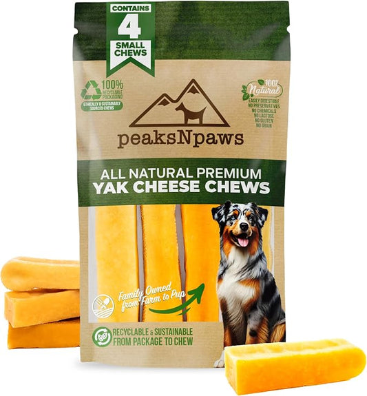 peaksNpaws Himalayan Yak Chews, High Protein Cheese Sticks, Lactose Free, Natural, Long Lasting Dog Treat for Aggressive Chewers Under 15 lbs, 4 Small Treat Sticks, 100% Eco-Friendly Packaging