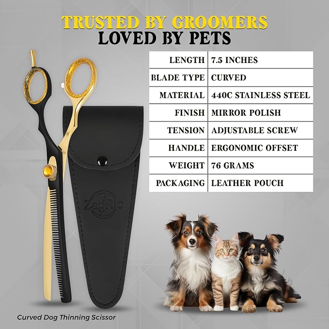7.5” Curved Thinning Shears for Dogs and Cats – 34 Tooth Professional Pet Grooming Scissors – Smooth, Quiet Blending Shears for Face, Ears, Chest and Legs, Ergonomic Design for Home and Pro Use