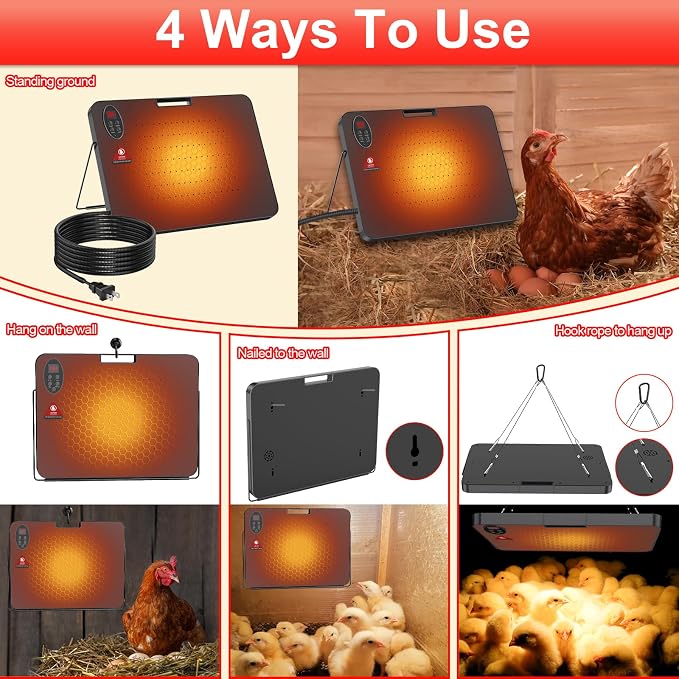 Chick Brooder Heater,200 Watts Radiant Heat Panel with Overheating Protection,Smart Brooder Chick Heater with Adjustable Temp (86~194℉) & 12H Timer,Remote Control,Safe Chicken Heater for Winter Pets