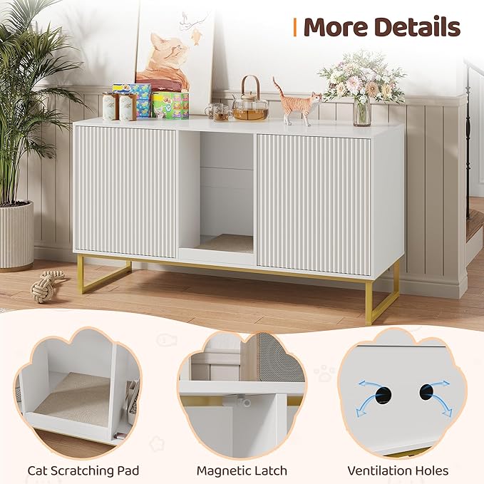 Kitty Litter Box Enclosure for 2 Cats, Small Hidden Cat Litter Box Furniture with Scratch Pad, Modern Fluted Double Litterbox Cabinet TV Stand for Kittens, White