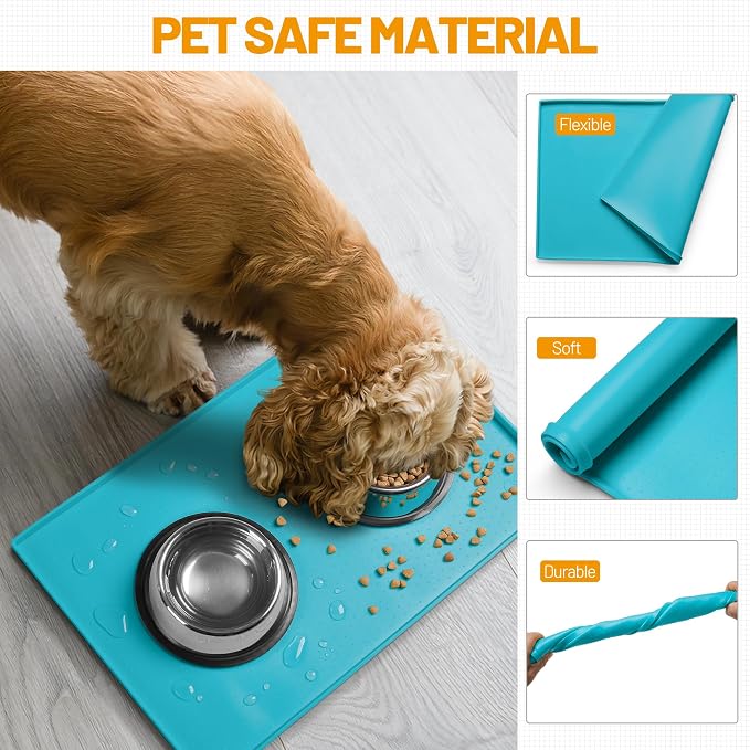 Hubulk Dog Feeding Mat,100% Waterproof BPA Free Silicone Pet Food and Water Bowl Placemat,Dishwasher, High Raised Edge to Prevent Spills,Nonslip Tray to Stop Messes on Floor (19"x12"x0.5", Teal)