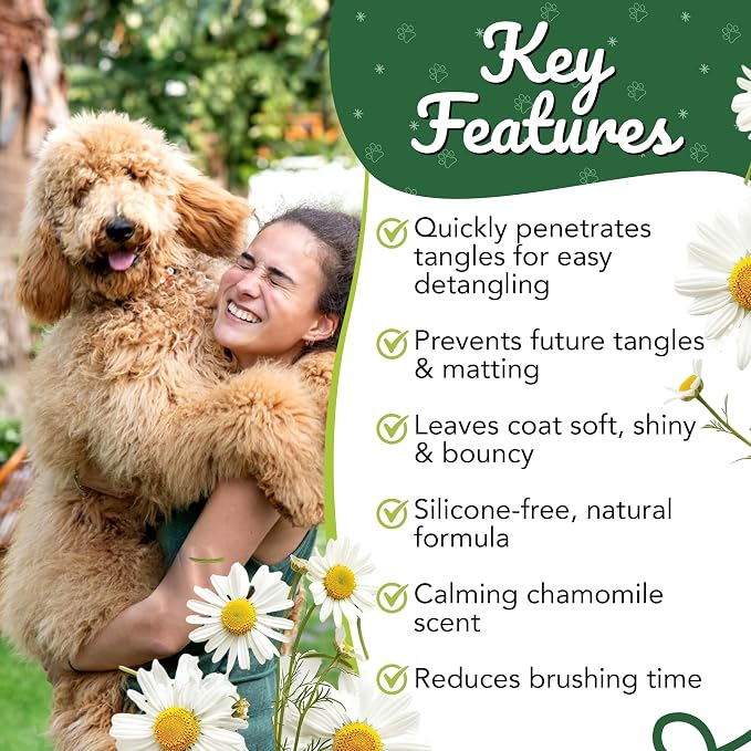 Dog Detangler & Curl Refresh Spray, Mat-Reducing Leave-in Conditioner for Curly Coats, Tangle-Free Dematting, Moisturizing No-Rinse Dog Grooming for Doodle, Poodle, Goldendoodle (Chamomile)