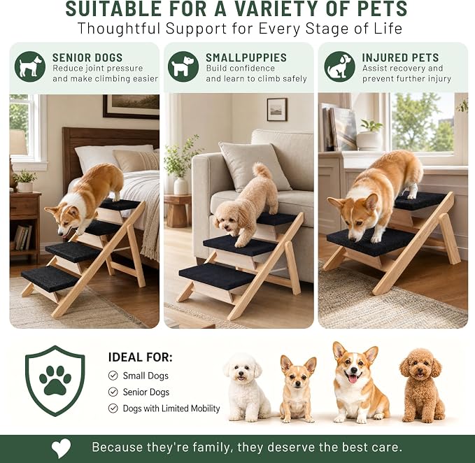 Dog Stairs/Ramp for Bed, Wooden 2-in-1 Foldable Pet Stairs & Ramp, Portable Dog Step Up to 180 Pound for Elderly/Short-Legged Dogs, 2 Steps for Beds, Couch