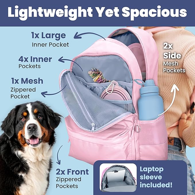 Rubyloo The Original Doggy Bag Backpack (Dusty Pink) & 32 oz Insulated Water Bottle with Attached 8 oz Bowl (Life is Better with Dogs) – Dog Travel Backpack & Hydration Set