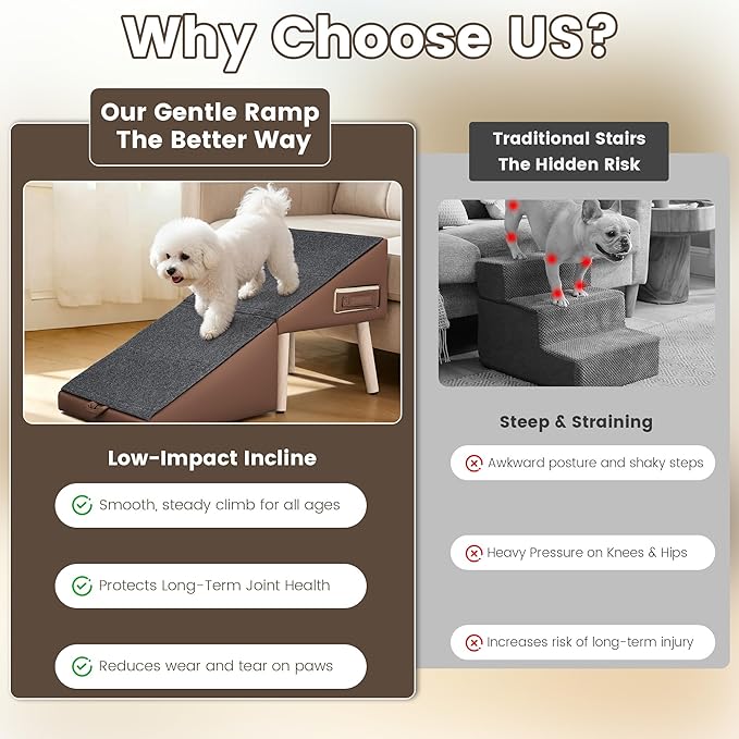 Dog Ramp for Couch and Bed, 17" H Stairs for Small to Medium Dogs and Cats Foldable Steps for Pets to Get on High Bed, Non-Slip Sturdy Ottoman Ramp with Storage Drawer, Brown
