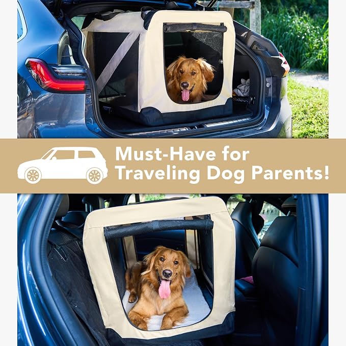 HICC PULE Collapsible Portable Kennel, 36 Inch Large/Medium Dog Kennel, 3-Door Soft-Sided Pet Crate for Indoor/Outdoor, Car Trip, Beige