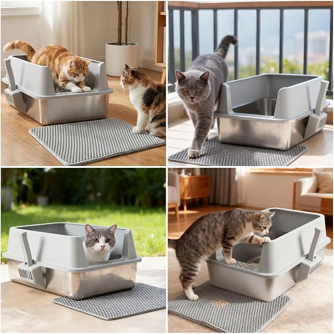 Stainless Steel Litter Box,XL Metal Cat Litter Box with High Sides Lid, Extra Large Litter Boxes for Big Cats,Odor-Resistant, Scratch-Proof, Easy to Clean, Non-Stick,Scoop Included