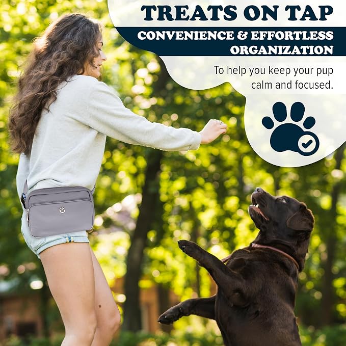 Puppington 3-in-1 Crossbody & Dog Treat Pouch for Pet Training - Matching Compostable Poop Bags, Built-In Poop Bag Dispenser & Slow-Feeding Travel Dog Bowl - Dog Walking Bag (Charcoal Gray)