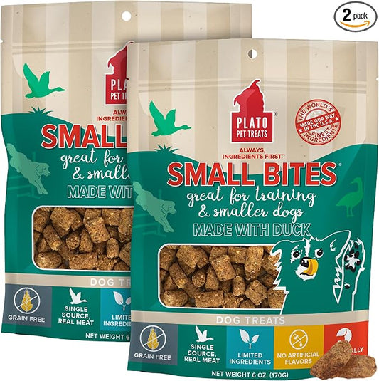 PLATO Pet Treats Small Bites - Air-Dried Training Treats for Dogs - Supports Healthy Digestion - Limited Ingredients - Duck 6oz - 2 Pack