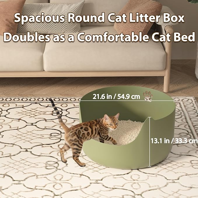 High Sides Low Entry Large Litter Pan (21.6x21.6x13.1 Inches), All-in-One Easy to Clean Plastic Litter Box for Kittens, Elderly & Large Cats, Doubles as Stylish Cat Bed, Green