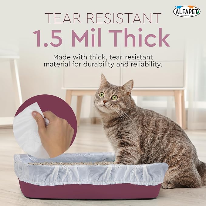 Alfapet Kitty Cat Litter box Disposable, Elastic Liners- 48-count-For Medium and Large, Size Litter Pans- With Sta-Put Technology for Firm, Easy Fit- Quick + Clever Waste Cleaners 4 pack