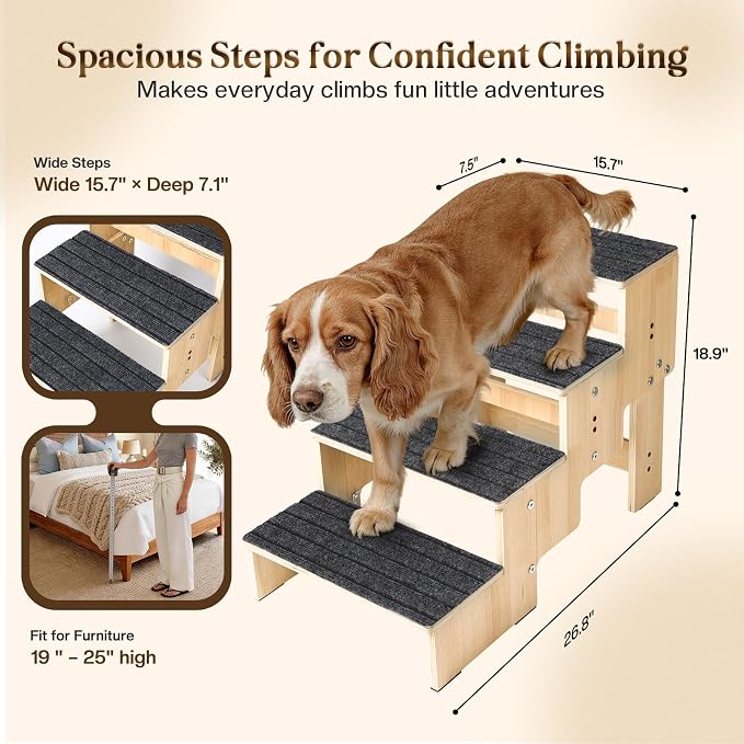 4-Step Wooden Dog Steps for Bed, Anti-Slip Dog Stairs with Carpet Pads, 23.6 Inches Pet Ramp for Dogs to Get on Bed, Pet Stairs for Old & Senior Dogs/Cats, Pet Steps Ladder for High Beds/Couch Sofa